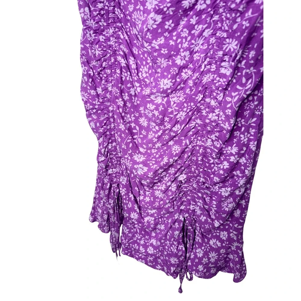 Purple Floral Ruched Mini Dress Romantic Cottagecore Puff Sleeve Bodycon Sz S - Picture 3 of 5